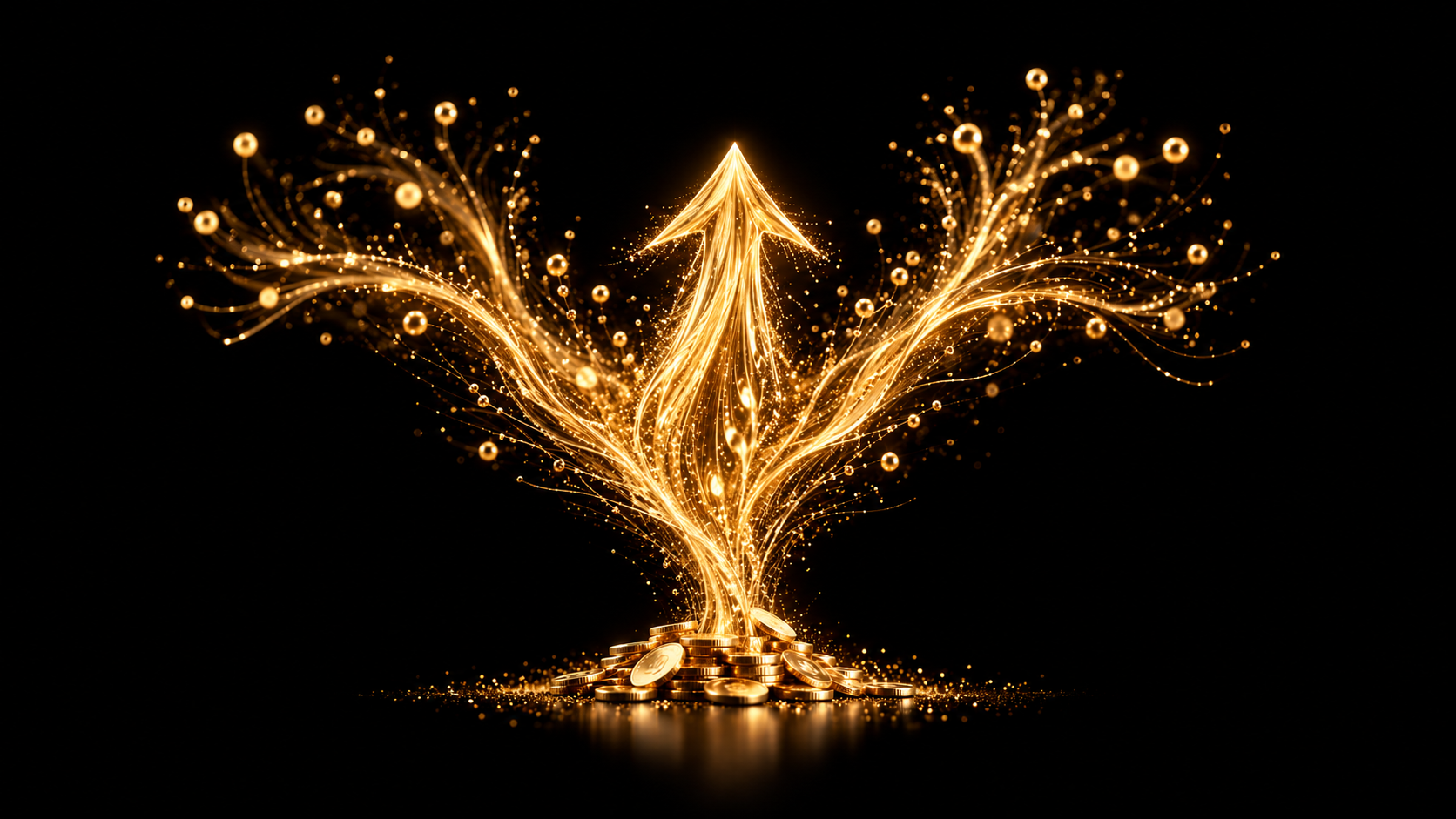 Gold streams rise from a pile of coins to form an upward arrow against a black background.